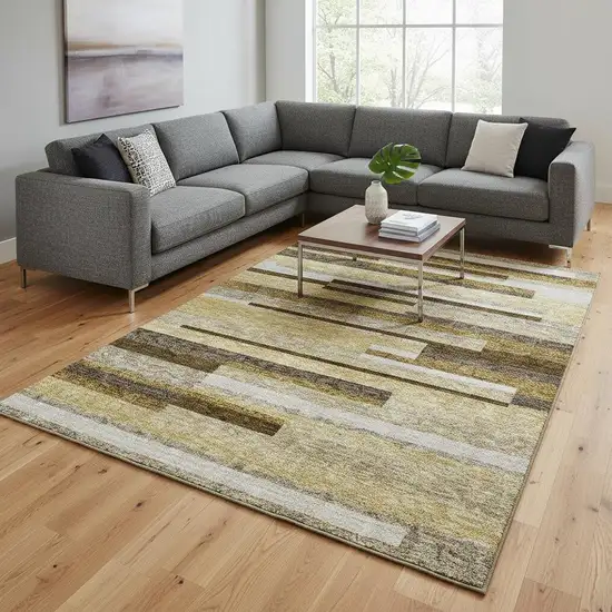 Khaki Taupe And Gold Striped Washable Area Rug With UV Protection Photo 2