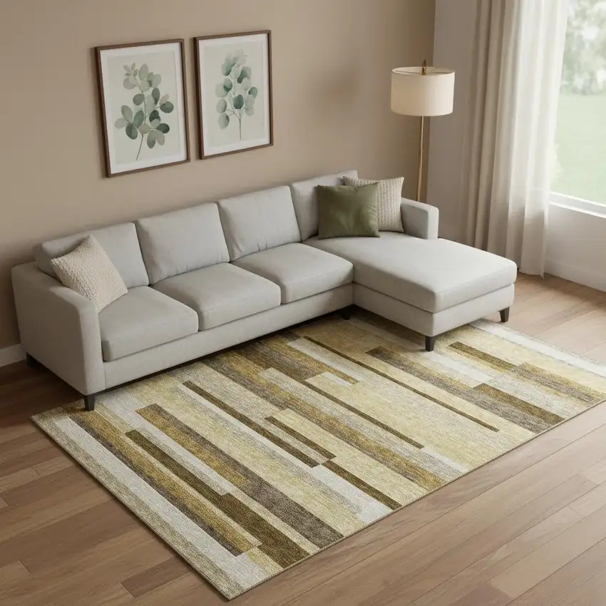 Khaki Taupe And Gold Striped Washable Area Rug With UV Protection Photo 1