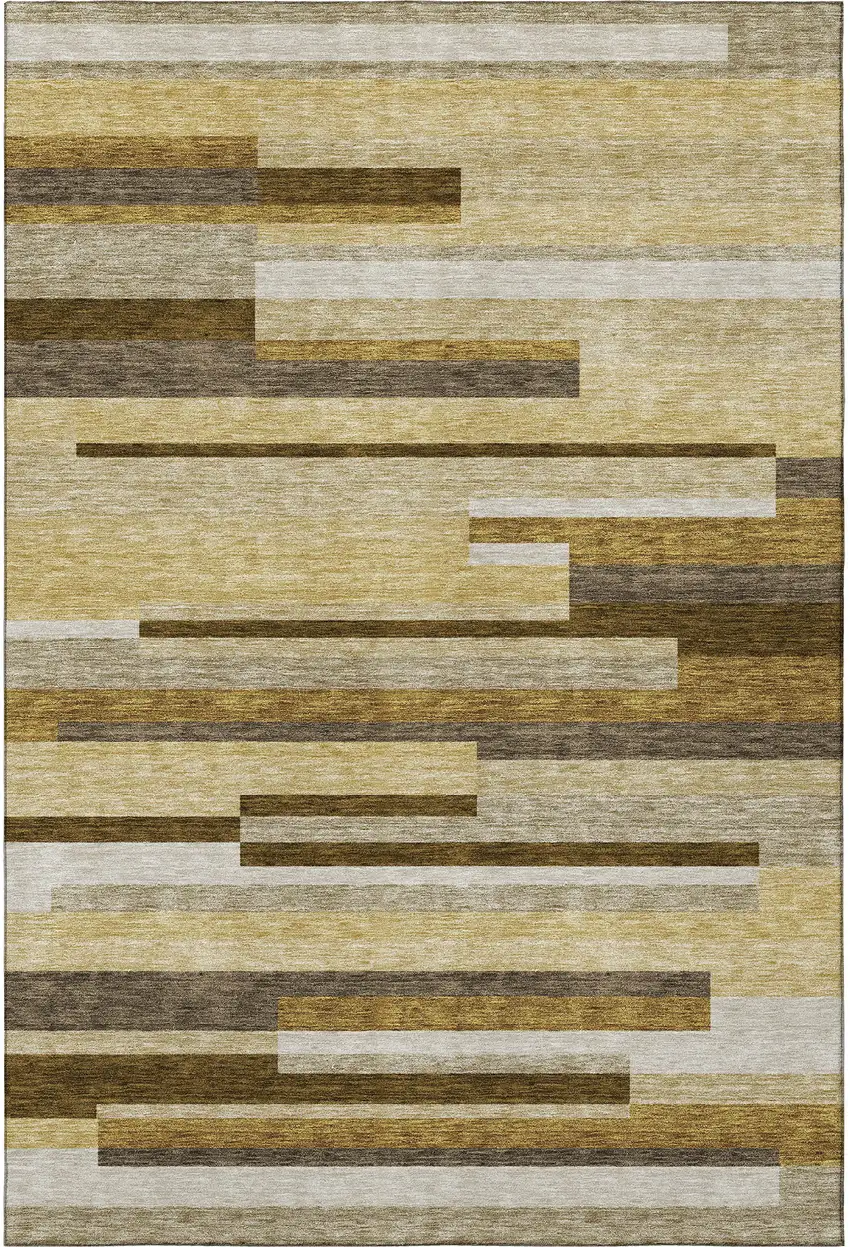 Khaki Taupe And Gold Striped Washable Area Rug With UV Protection Photo 4