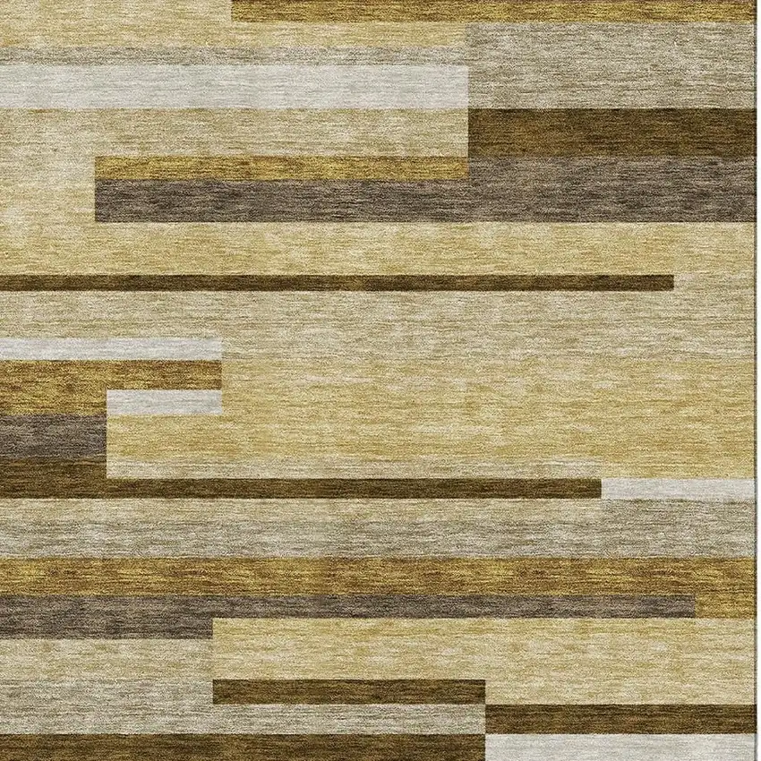 Khaki Taupe And Gold Striped Washable Area Rug With UV Protection Photo 3