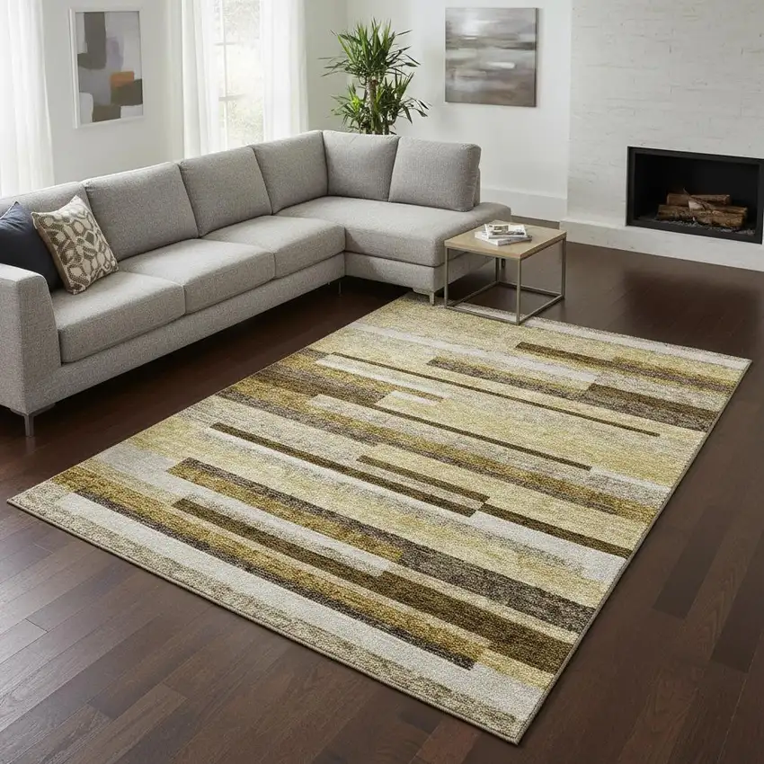 Khaki Taupe And Gold Striped Washable Area Rug With UV Protection Photo 2
