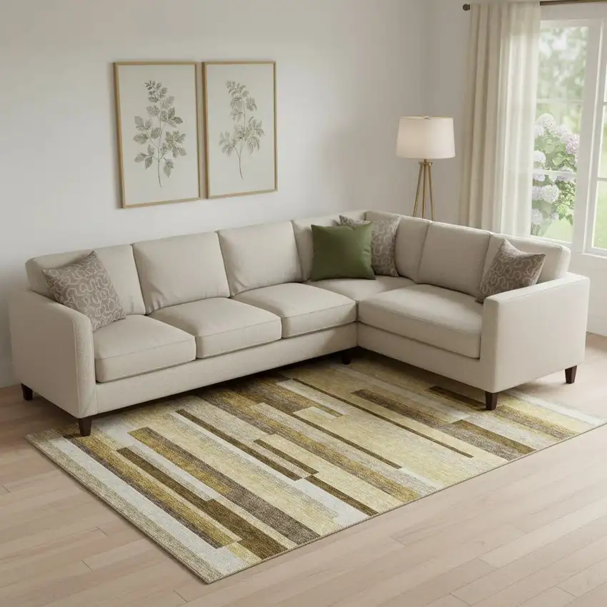 Khaki Taupe And Gold Striped Washable Area Rug With UV Protection Photo 1