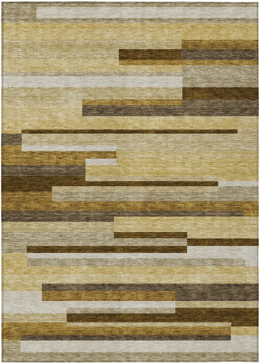 Khaki Taupe And Gold Striped Washable Indoor Outdoor Area Rug Photo 1