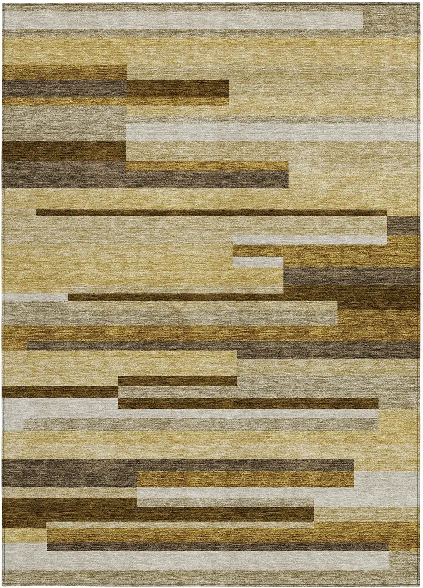 Khaki Taupe And Gold Striped Washable Indoor Outdoor Area Rug Photo 1