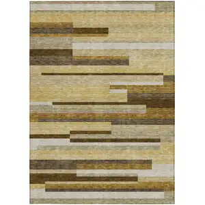 Photo of Khaki Taupe And Gold Striped Washable Indoor Outdoor Area Rug