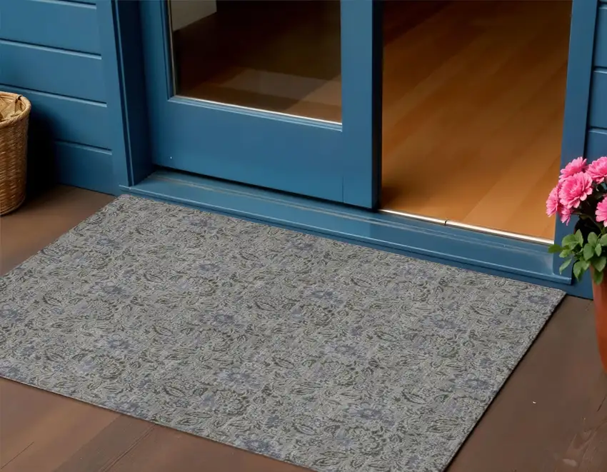 Khaki Taupe And Gray Floral Washable Indoor Outdoor Area Rug Photo 1