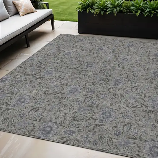Khaki Taupe And Gray Floral Washable Indoor Outdoor Area Rug Photo 1