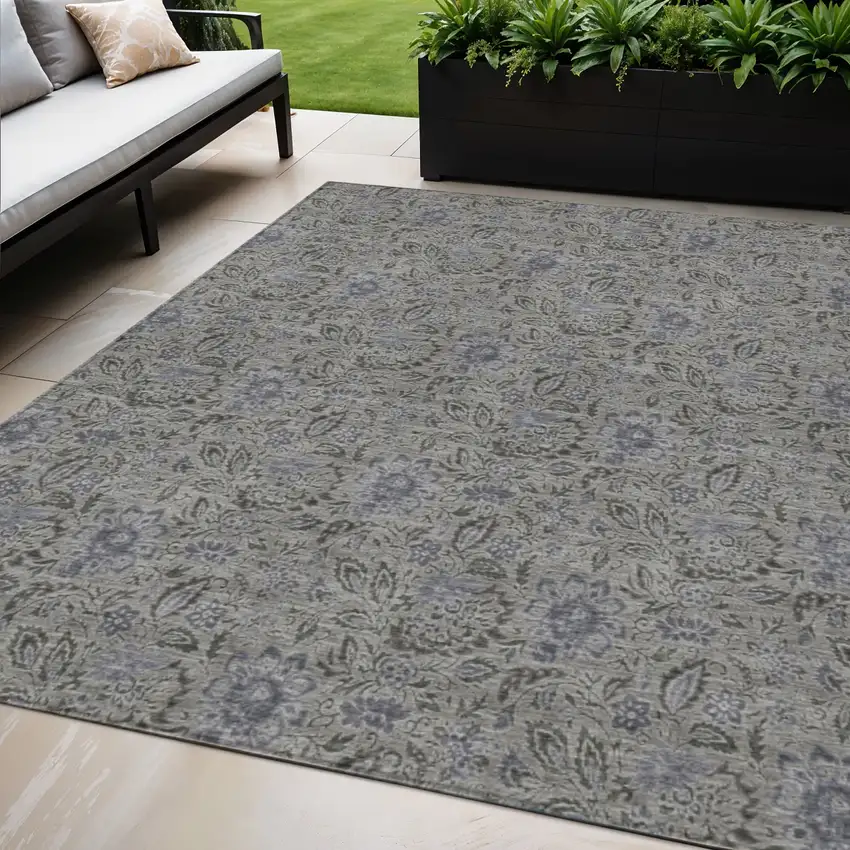 Khaki Taupe And Gray Floral Washable Indoor Outdoor Area Rug Photo 1