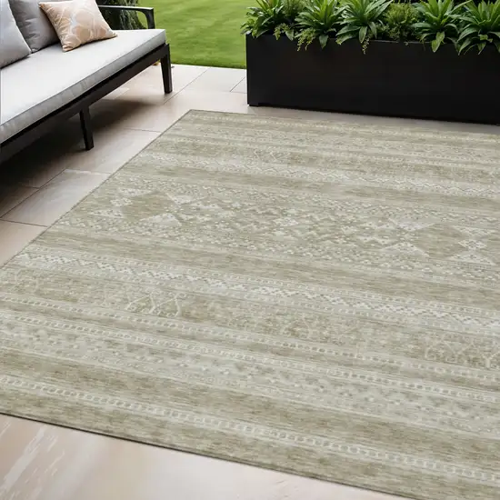 Khaki Taupe And Ivory Southwestern Washable Indoor Outdoor Area Rug Photo 1