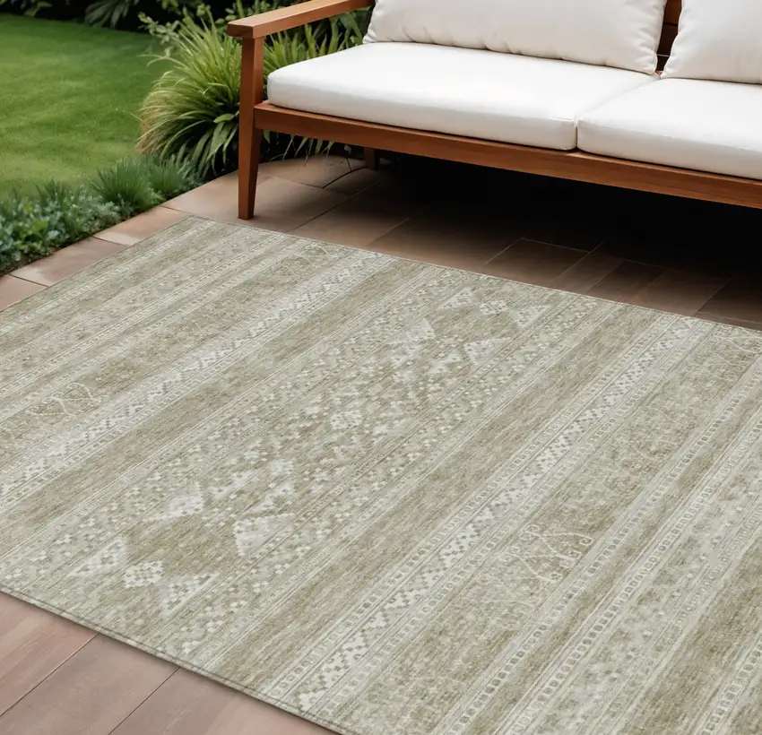 Khaki Taupe And Ivory Southwestern Washable Indoor Outdoor Area Rug Photo 1