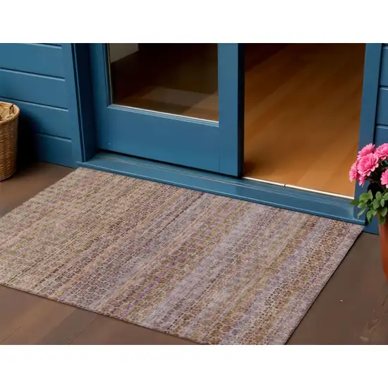 Khaki Taupe And Lavender Striped Washable Indoor Outdoor Area Rug Photo 2