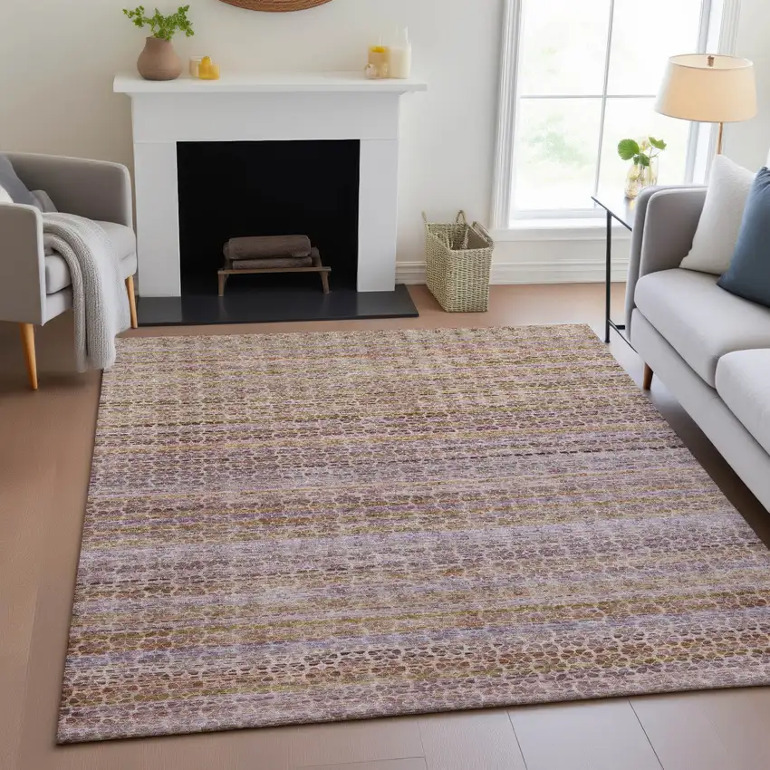 Khaki Taupe And Lavender Striped Washable Indoor Outdoor Area Rug Photo 5