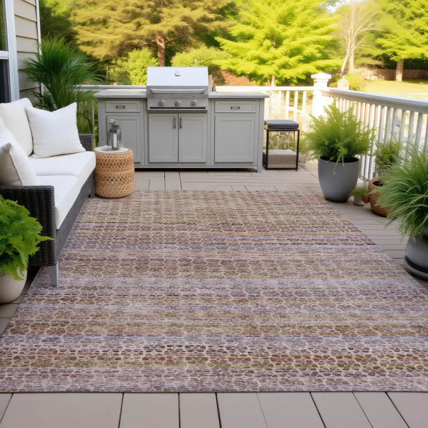 Khaki Taupe And Lavender Striped Washable Indoor Outdoor Area Rug Photo 5