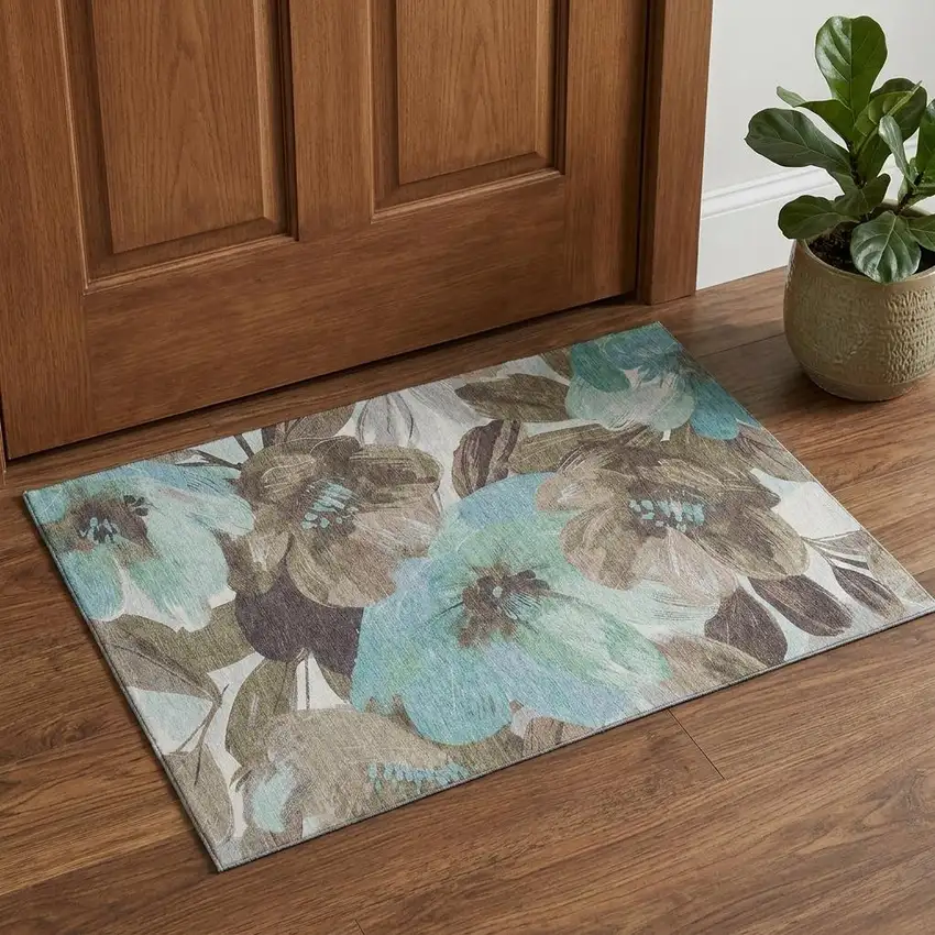 Khaki Teal And Green Floral Washable Area Rug With UV Protection Photo 1