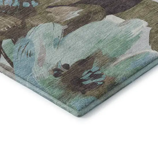 Khaki Teal And Green Floral Washable Area Rug With UV Protection Photo 7