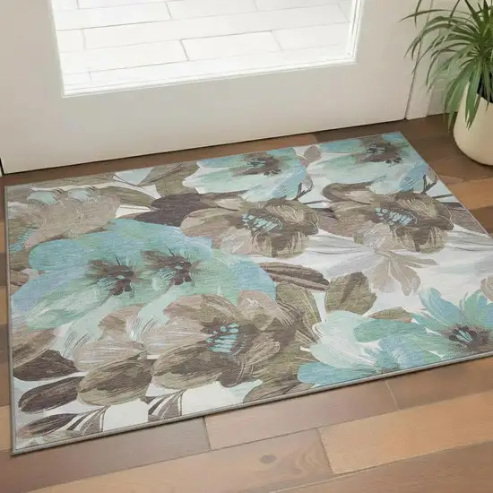 Khaki Teal And Green Floral Washable Area Rug With UV Protection Photo 2