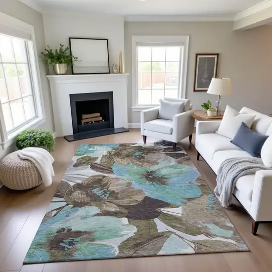 Khaki Teal And Green Floral Washable Area Rug With UV Protection Photo 4
