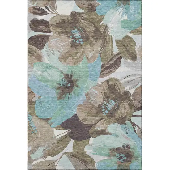 Khaki Teal And Green Floral Washable Area Rug With UV Protection Photo 3