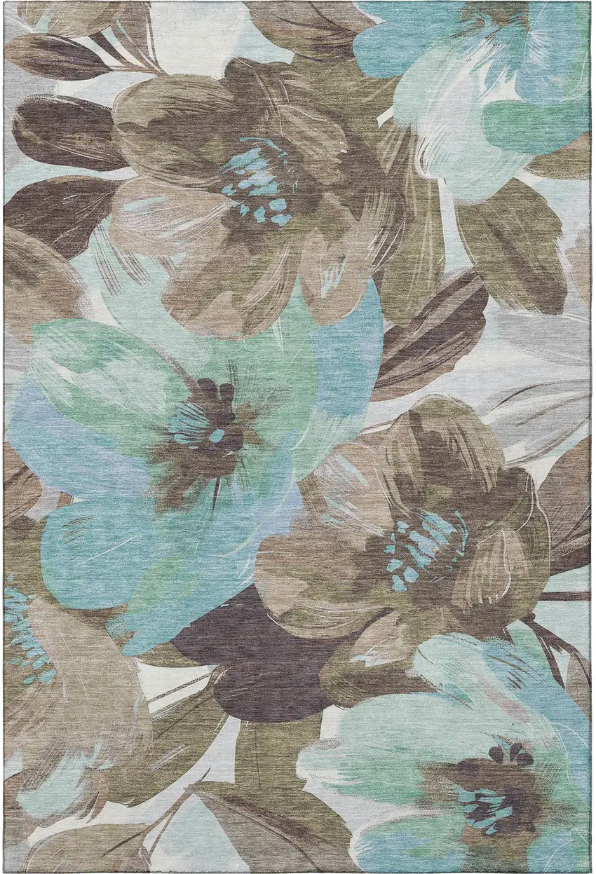 Khaki Teal And Green Floral Washable Area Rug With UV Protection Photo 3