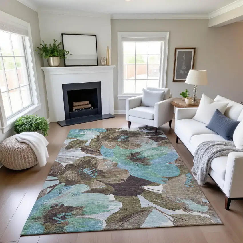 Khaki Teal And Green Floral Washable Area Rug With UV Protection Photo 3