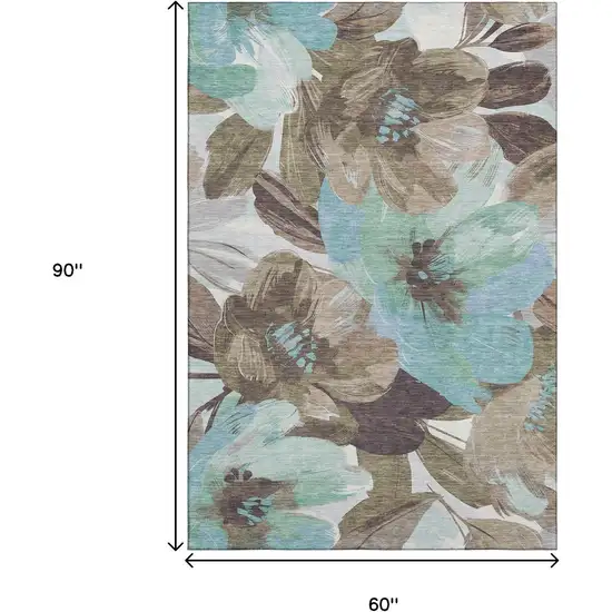 Khaki Teal And Green Floral Washable Area Rug With UV Protection Photo 9