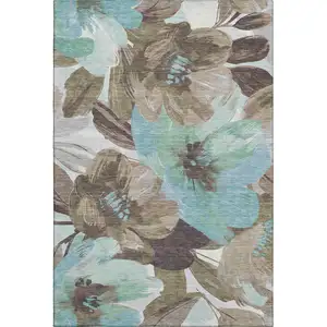 Photo of Khaki Teal And Green Floral Washable Area Rug With UV Protection