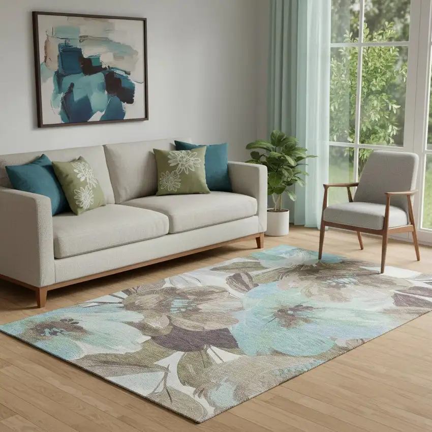 Khaki Teal And Green Floral Washable Area Rug With UV Protection Photo 2