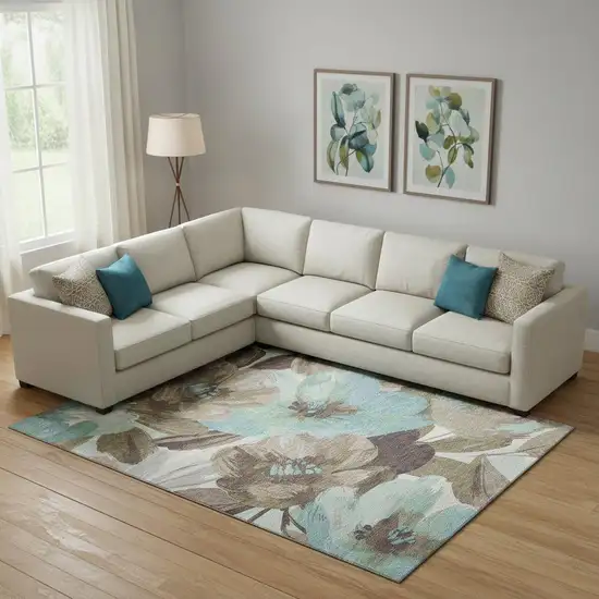 Khaki Teal And Green Floral Washable Area Rug With UV Protection Photo 2