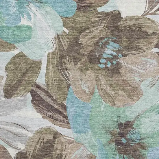Khaki Teal And Green Floral Washable Area Rug With UV Protection Photo 2