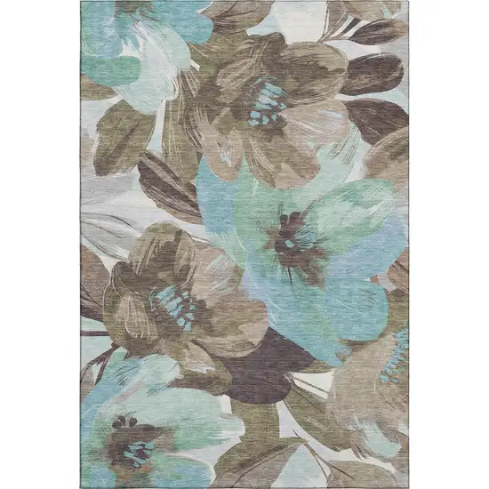 Khaki Teal And Green Floral Washable Area Rug With UV Protection Photo 1
