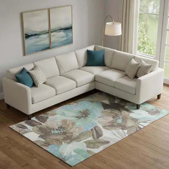 Khaki Teal And Green Floral Washable Area Rug With UV Protection Photo 2