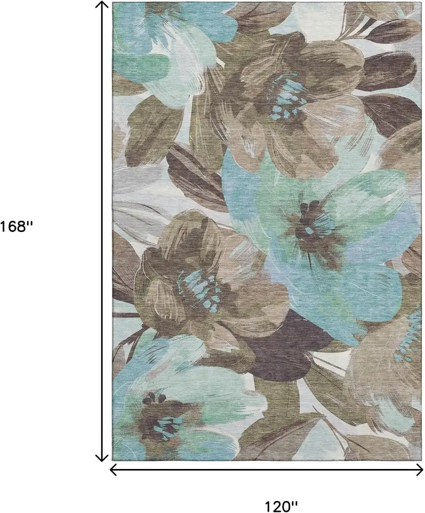 Khaki Teal And Green Floral Washable Area Rug With UV Protection Photo 9