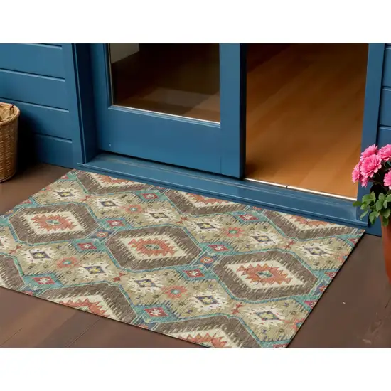 Khaki Teal Blue And Copper Moroccan Washable Indoor Outdoor Area Rug Photo 2