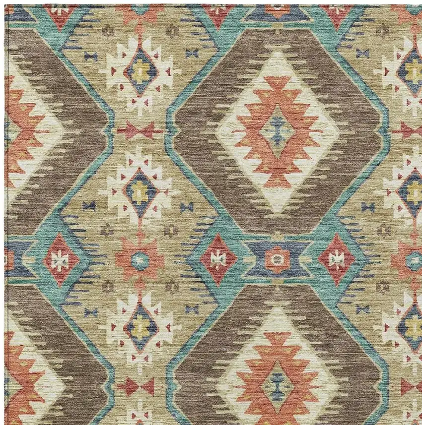 Khaki Teal Blue And Copper Moroccan Washable Indoor Outdoor Area Rug Photo 5