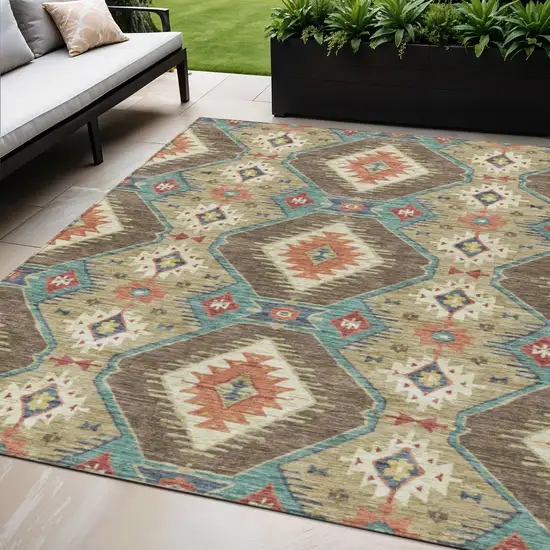 Khaki Teal Blue And Copper Moroccan Washable Indoor Outdoor Area Rug Photo 2