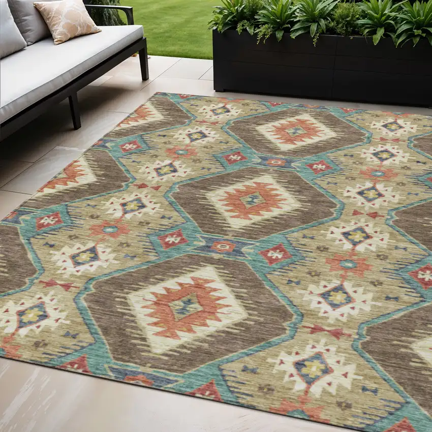 Khaki Teal Blue And Copper Moroccan Washable Indoor Outdoor Area Rug Photo 2