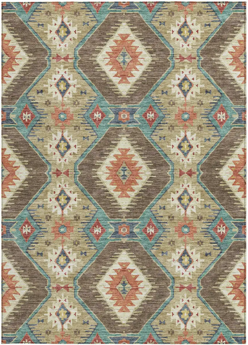 Khaki Teal Blue And Copper Moroccan Washable Indoor Outdoor Area Rug Photo 4