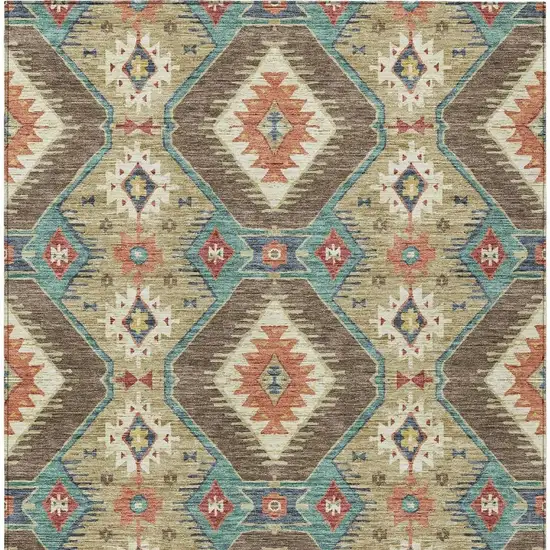 Khaki Teal Blue And Copper Moroccan Washable Indoor Outdoor Area Rug Photo 3