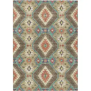 Photo of Khaki Teal Blue And Copper Moroccan Washable Indoor Outdoor Area Rug