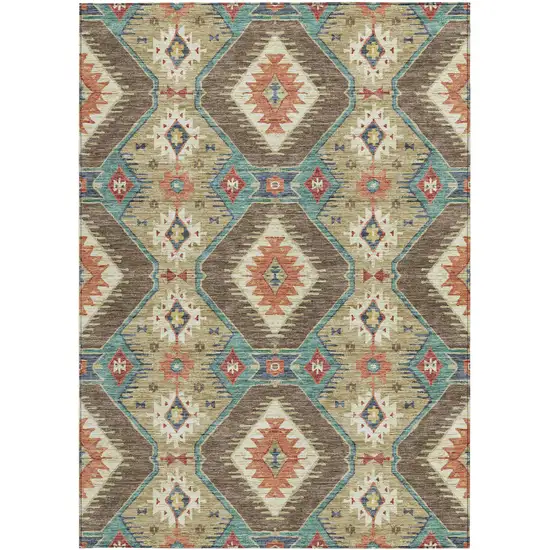 Khaki Teal Blue And Copper Moroccan Washable Indoor Outdoor Area Rug Photo 4