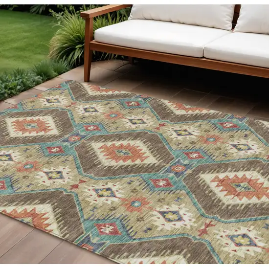 Khaki Teal Blue And Copper Moroccan Washable Indoor Outdoor Area Rug Photo 2