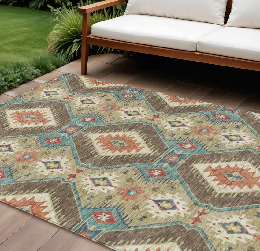 Khaki Teal Blue And Copper Moroccan Washable Indoor Outdoor Area Rug Photo 2
