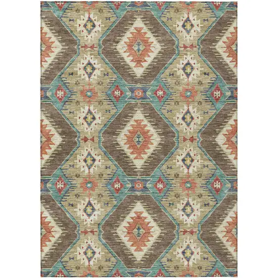 Khaki Teal Blue And Copper Moroccan Washable Indoor Outdoor Area Rug Photo 1