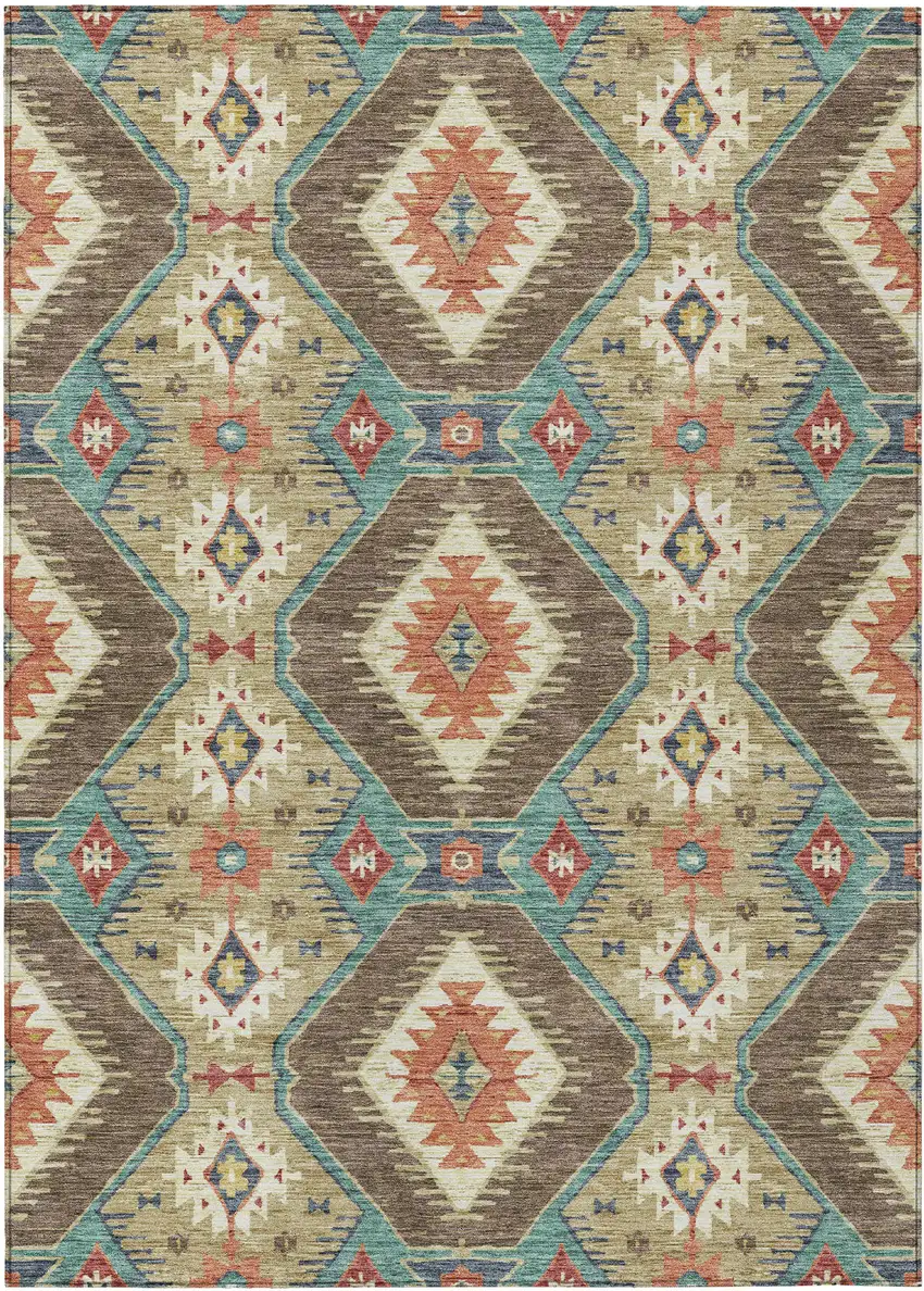 Khaki Teal Blue And Copper Moroccan Washable Indoor Outdoor Area Rug Photo 1