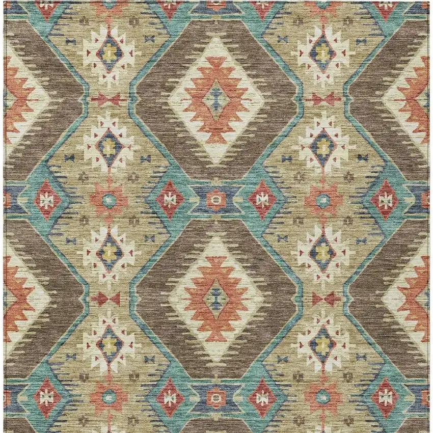 Khaki Teal Blue And Copper Moroccan Washable Indoor Outdoor Area Rug Photo 3