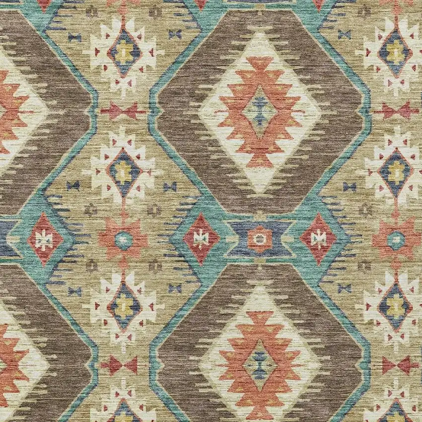 Khaki Teal Blue And Copper Moroccan Washable Indoor Outdoor Area Rug Photo 5