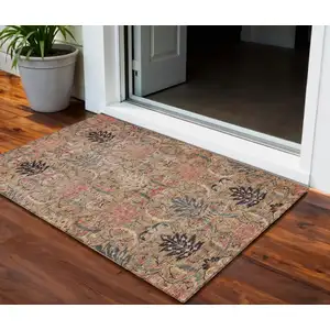 Photo of Khaki Terra Cotta And Black Damask Washable Indoor Outdoor Area Rug