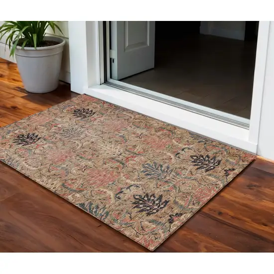 Khaki Terra Cotta And Black Damask Washable Indoor Outdoor Area Rug Photo 1