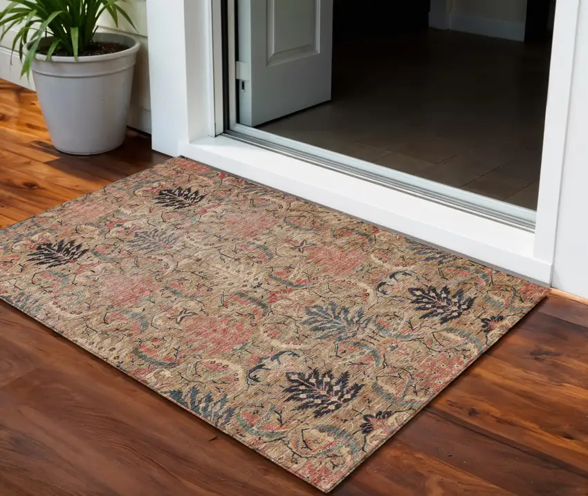 Khaki Terra Cotta And Black Damask Washable Indoor Outdoor Area Rug Photo 1