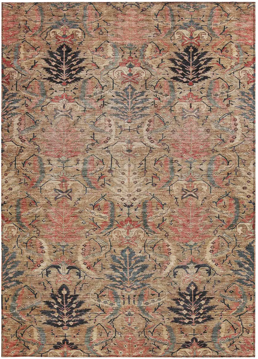 Khaki Terra Cotta And Black Damask Washable Indoor Outdoor Area Rug Photo 6